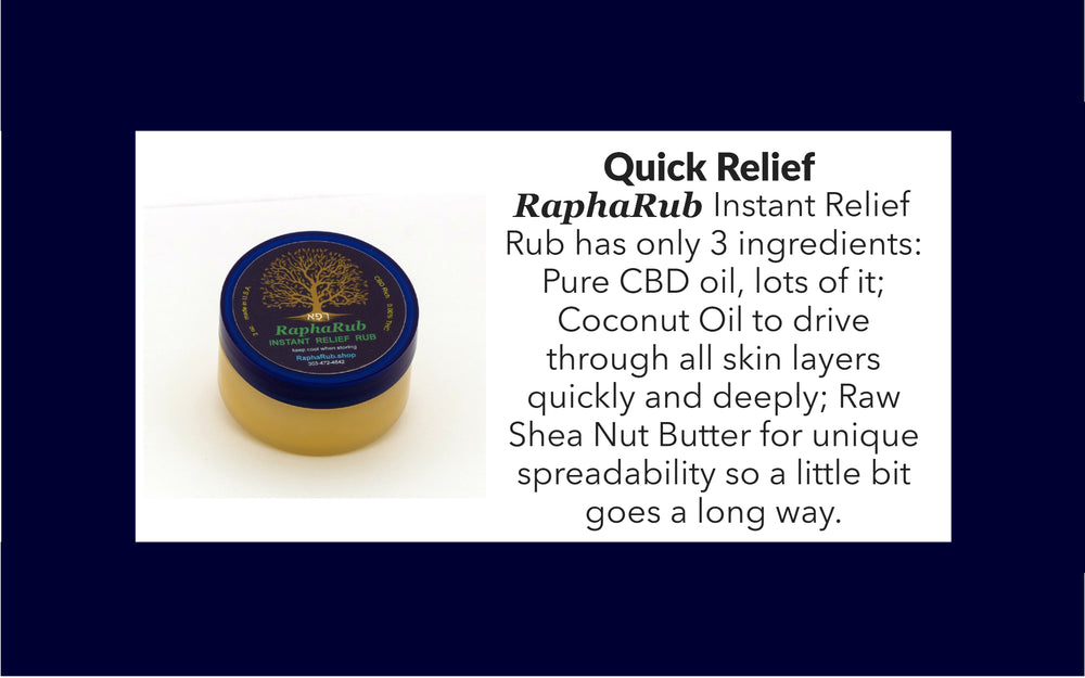 RaphaRub Instant Relief Rub has only 3 ingredients: Pure CBD oil, lots of it; Coconut Oil to drive through all skin layers quickly and deeply; Raw Shea Nut Butter for unique spreadability so little goes far. 